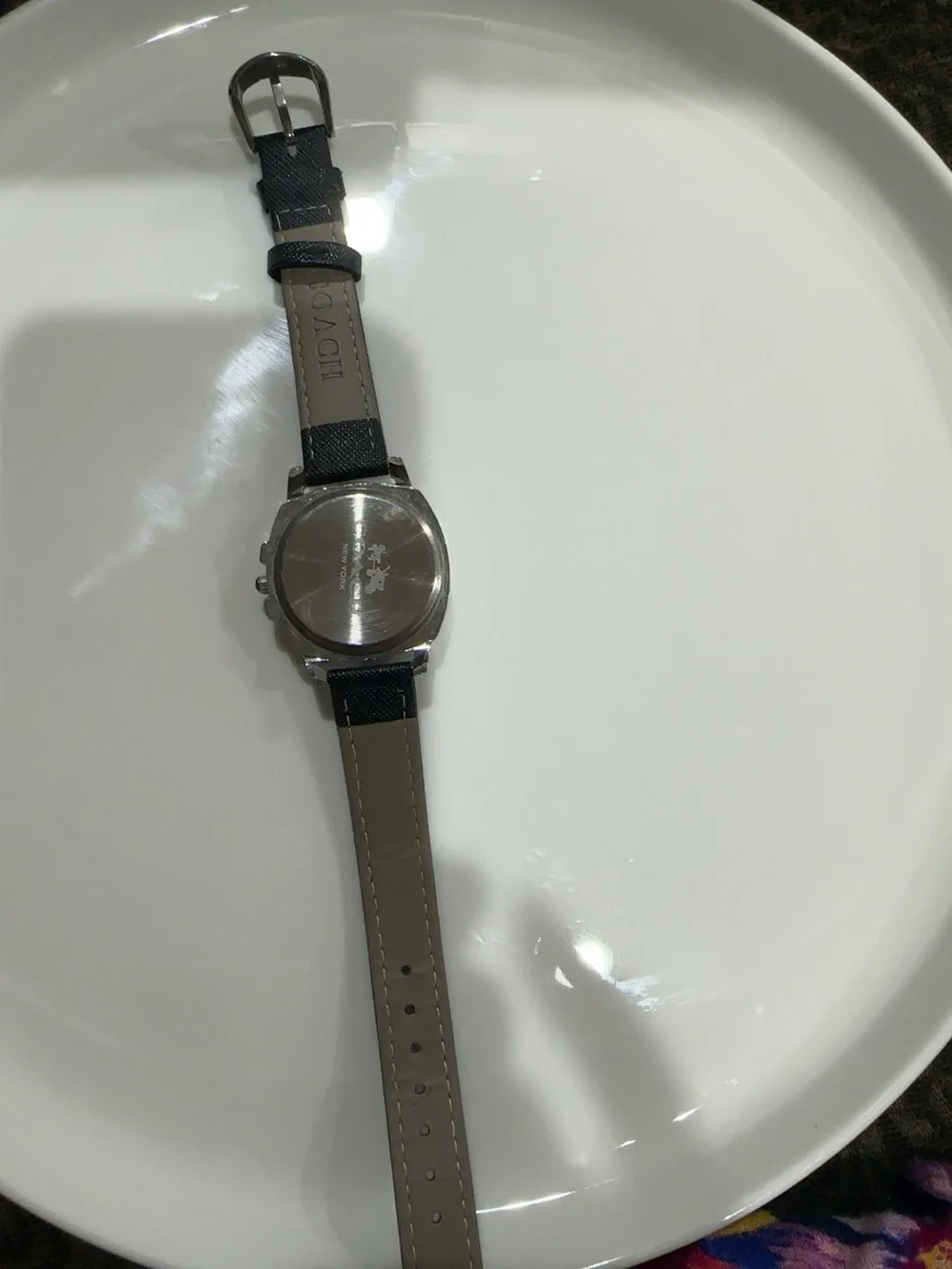 Coach Silver Crystal Dial Black Leather Strap Watch